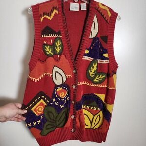 M retro vintage Laura Gayle abstract colorful button up vest, campfire, plants